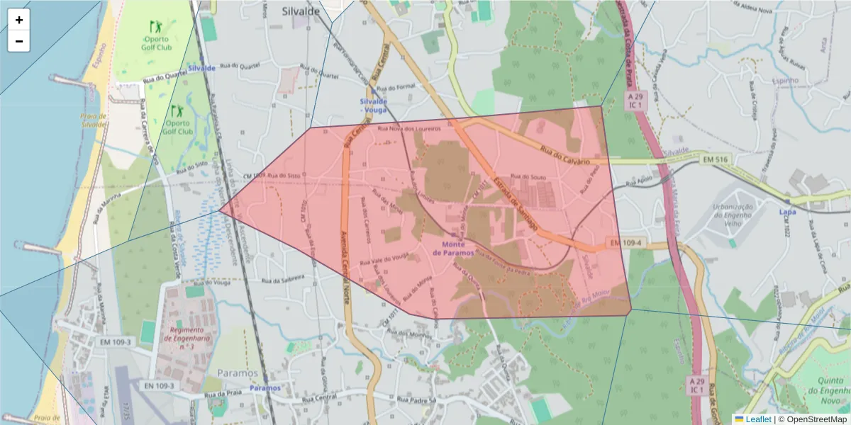 Mapa detalhado do código postal 4500-529 com limites, códigos postais vizinhos e agências dos correios