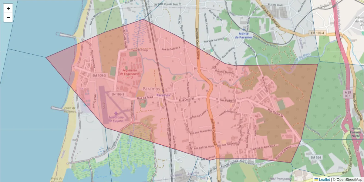 Mapa detalhado do código postal 4500-531 com limites, códigos postais vizinhos e agências dos correios