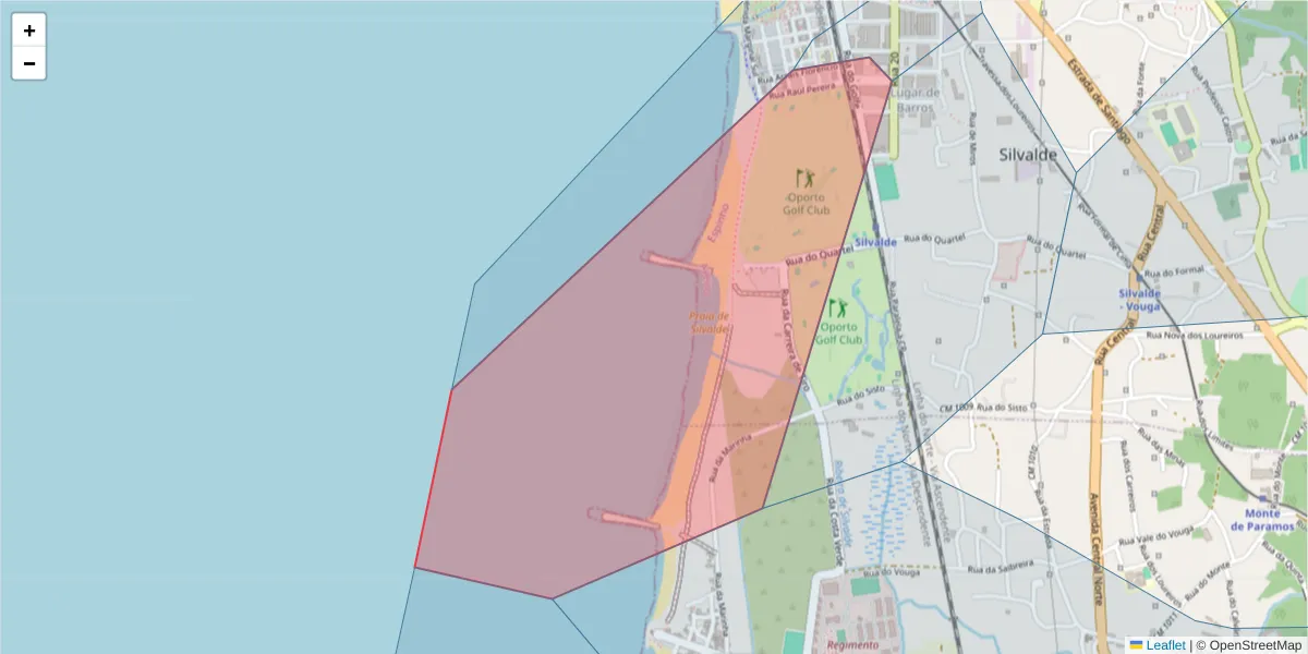 Mapa detalhado do código postal 4500-605 com limites, códigos postais vizinhos e agências dos correios