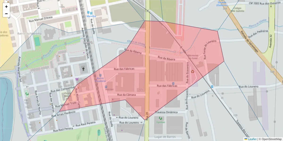 Mapa detalhado do código postal 4500-628 com limites, códigos postais vizinhos e agências dos correios