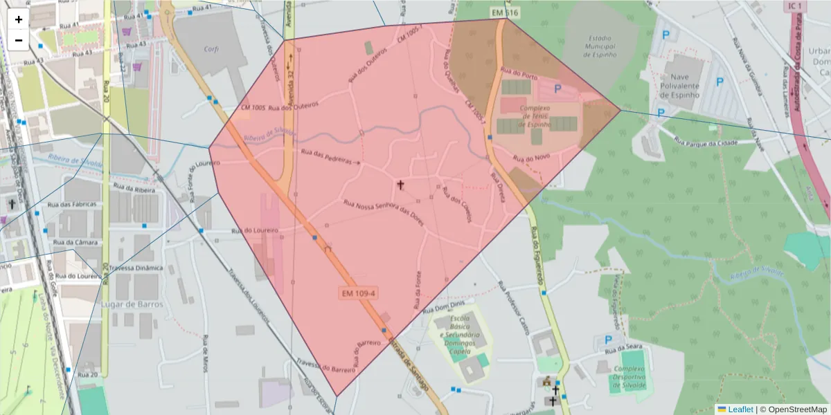 Mapa detalhado do código postal 4500-663 com limites, códigos postais vizinhos e agências dos correios