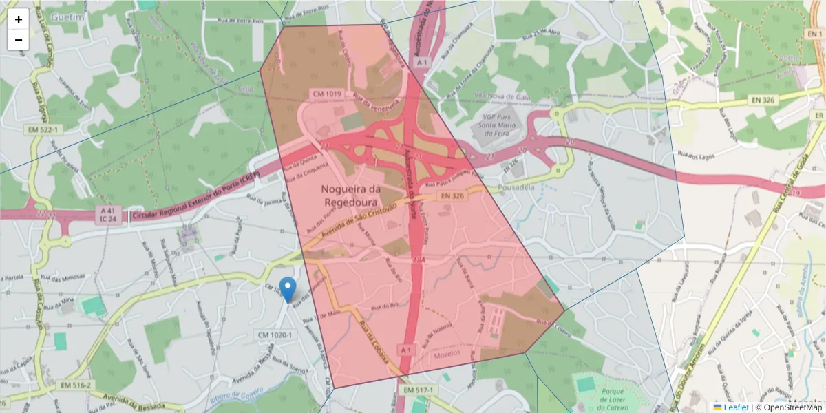 Mapa detalhado do código postal 4500-716 com limites, códigos postais vizinhos e agências dos correios