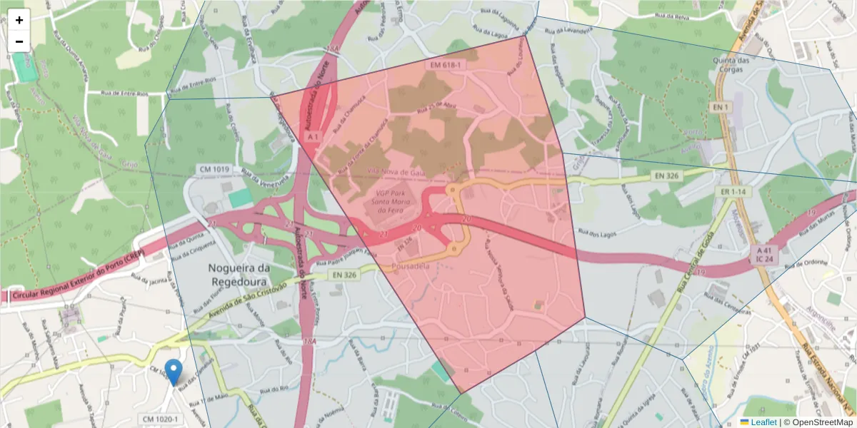 Mapa detalhado do código postal 4500-822 com limites, códigos postais vizinhos e agências dos correios