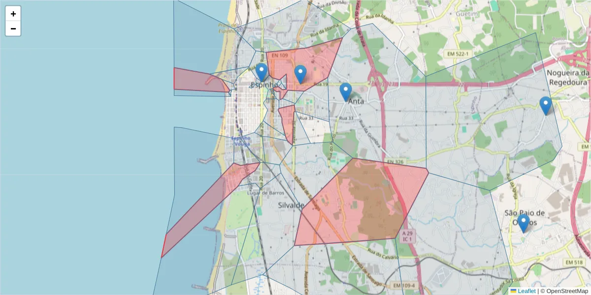Mapa detalhado do código postal 4500 com limites, códigos postais vizinhos e agências dos correios