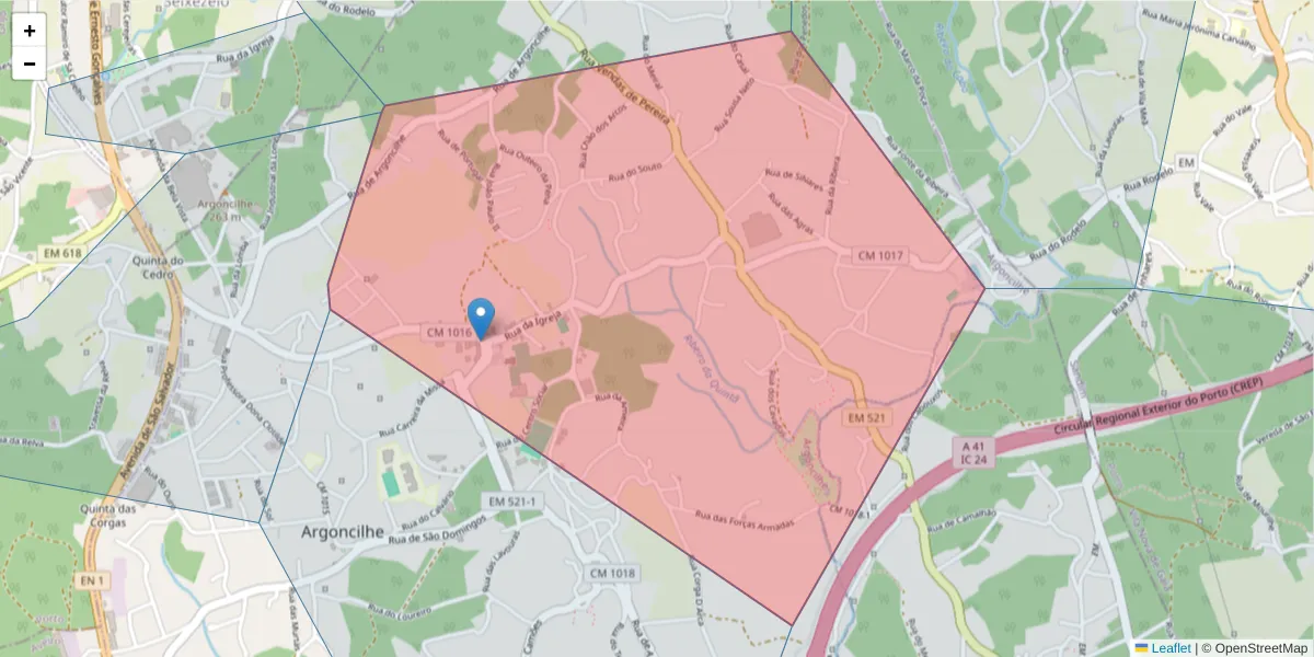 Mapa detalhado do código postal 4505-009 com limites, códigos postais vizinhos e agências dos correios