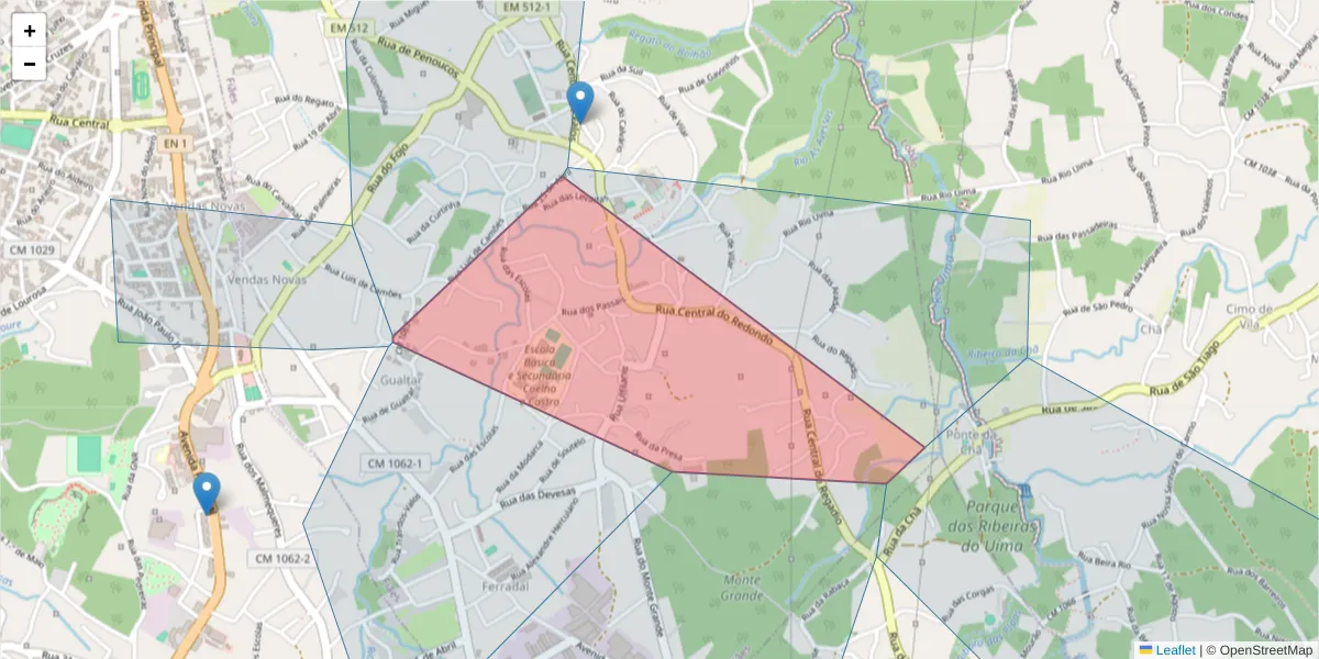 Mapa detalhado do código postal 4505-330 com limites, códigos postais vizinhos e agências dos correios