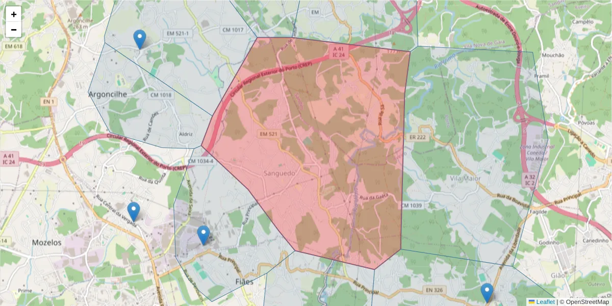 Mapa detalhado do código postal 4505-646 com limites, códigos postais vizinhos e agências dos correios