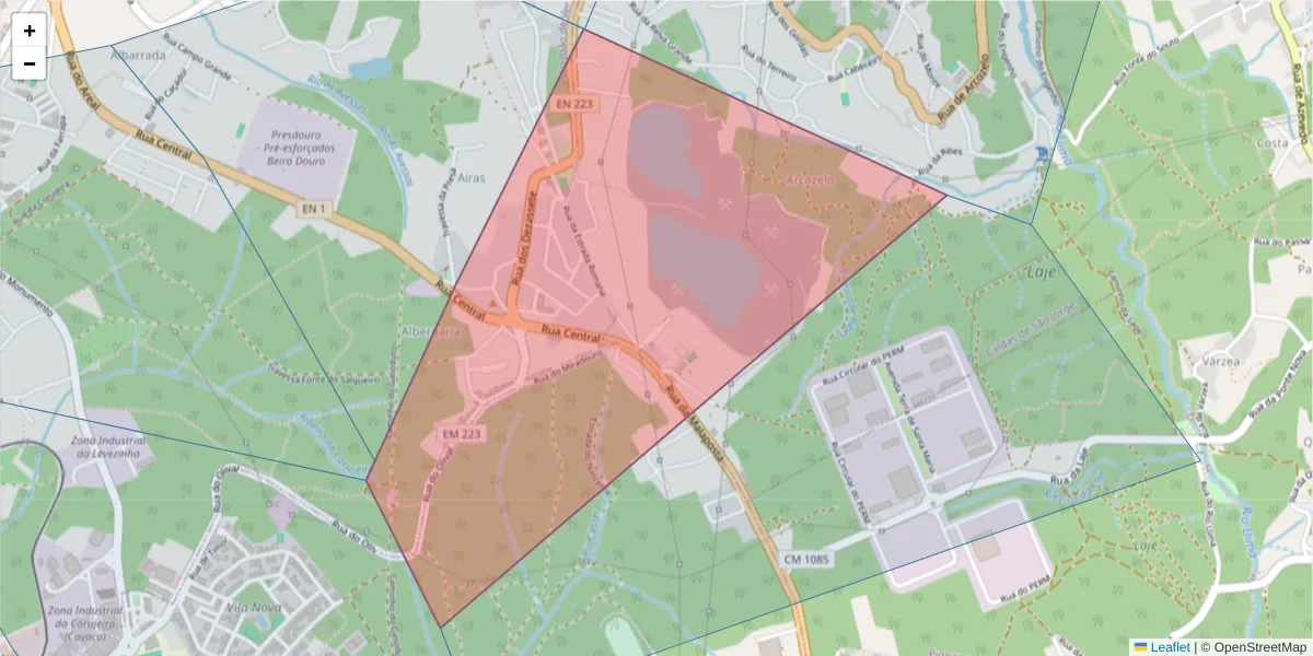 Mapa detalhado do código postal 4505-684 com limites, códigos postais vizinhos e agências dos correios