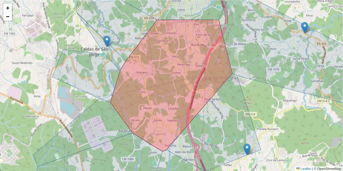 Mapa detalhado do código postal 4505-685 com limites, códigos postais vizinhos e agências dos correios