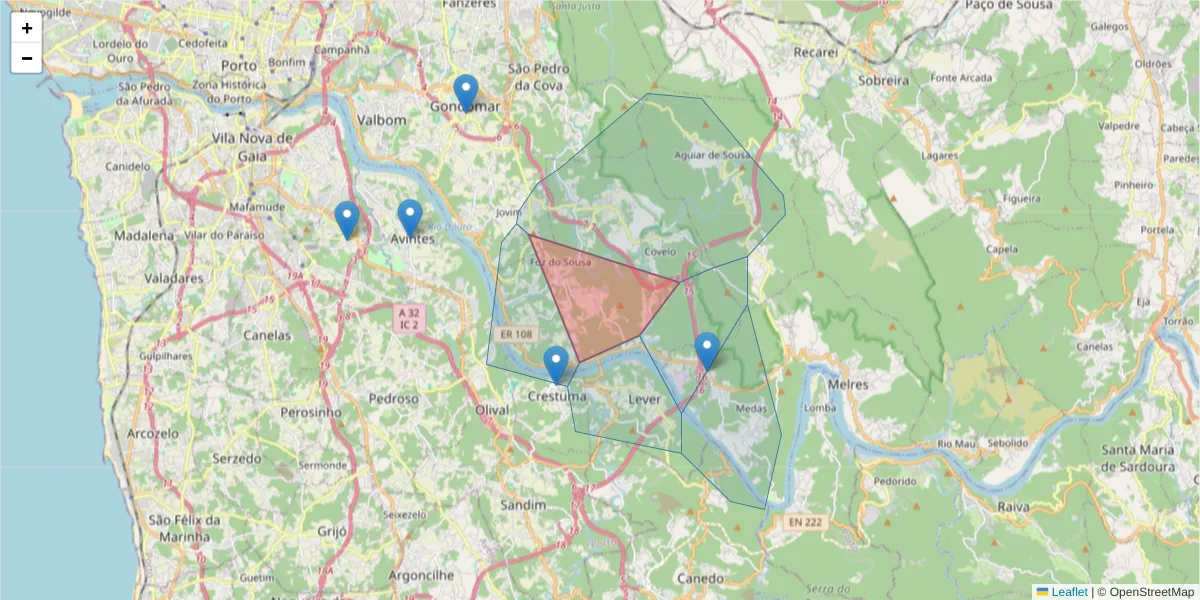 Mapa detalhado do código postal 4515-184 com limites, códigos postais vizinhos e agências dos correios