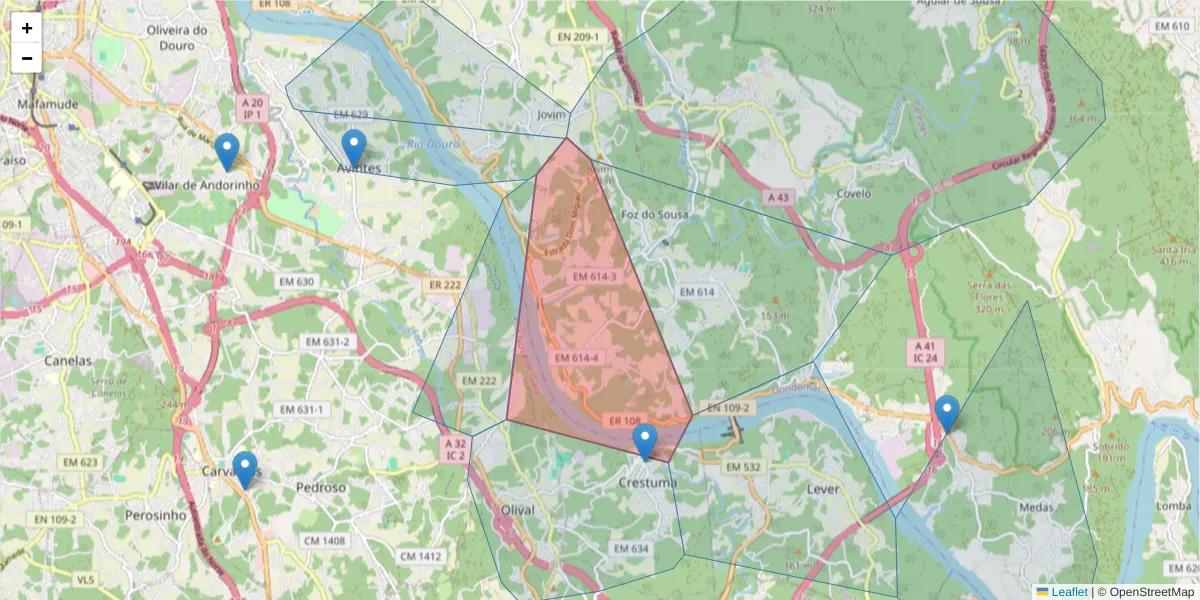 Mapa detalhado do código postal 4515-191 com limites, códigos postais vizinhos e agências dos correios