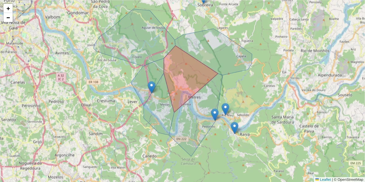 Mapa detalhado do código postal 4515-638 com limites, códigos postais vizinhos e agências dos correios
