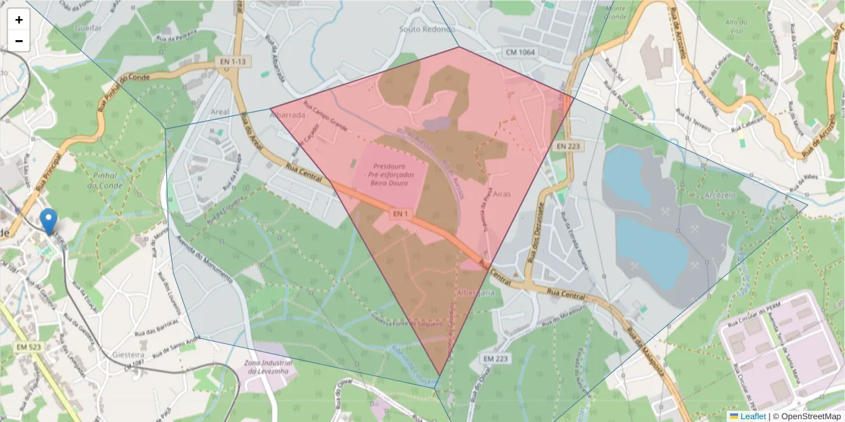 Mapa detalhado do código postal 4520-000 com limites, códigos postais vizinhos e agências dos correios