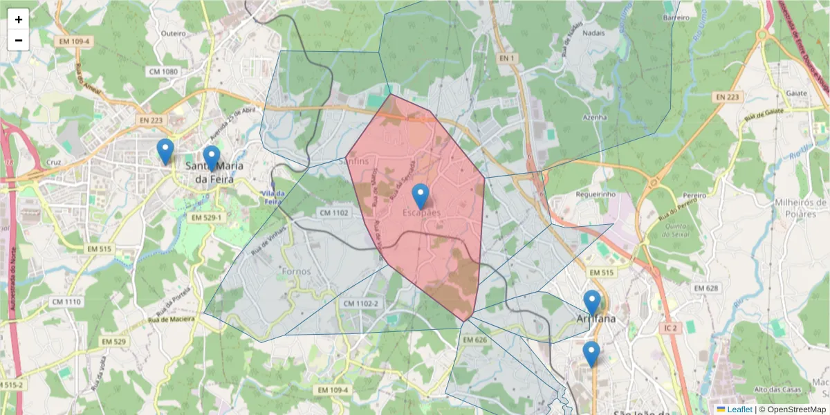 Mapa detalhado do código postal 4520-027 com limites, códigos postais vizinhos e agências dos correios