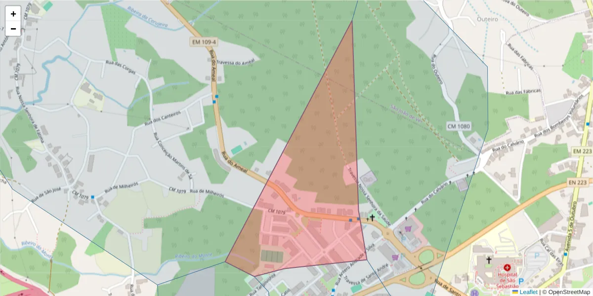 Mapa detalhado do código postal 4520-145 com limites, códigos postais vizinhos e agências dos correios