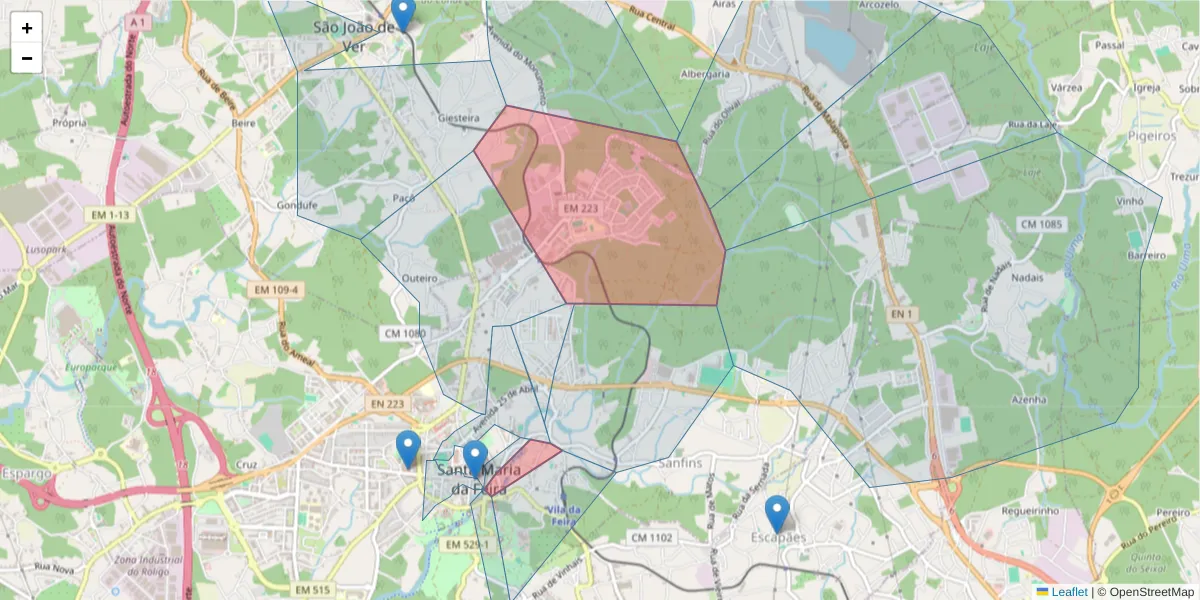 Mapa detalhado do código postal 4520-152 com limites, códigos postais vizinhos e agências dos correios