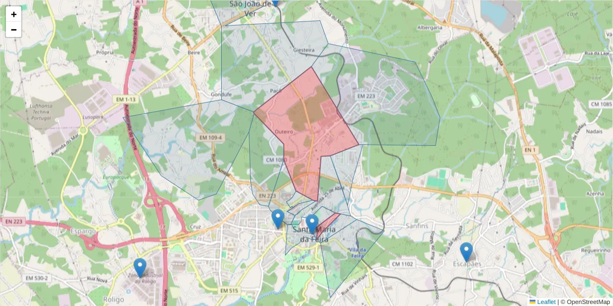 Mapa detalhado do código postal 4520-162 com limites, códigos postais vizinhos e agências dos correios