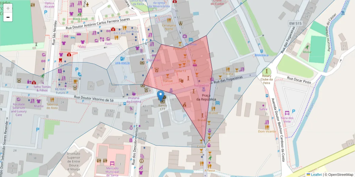 Mapa detalhado do código postal 4520-172 com limites, códigos postais vizinhos e agências dos correios