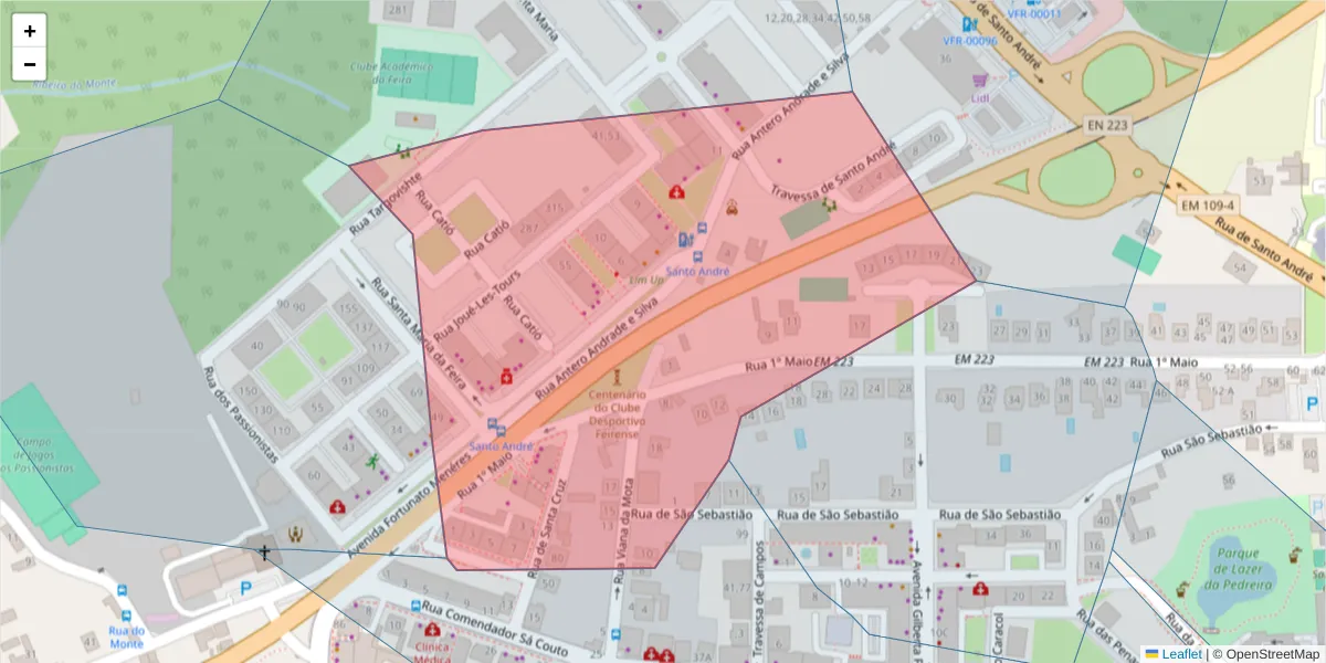 Mapa detalhado do código postal 4520-176 com limites, códigos postais vizinhos e agências dos correios