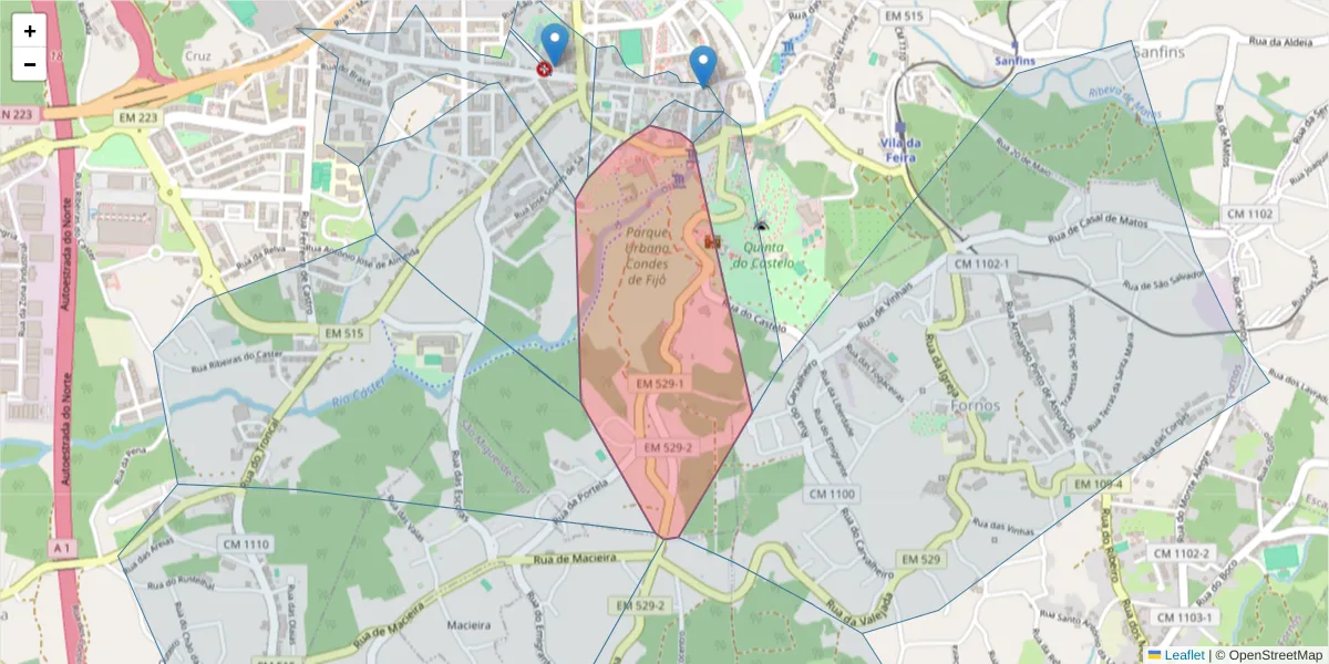 Mapa detalhado do código postal 4520-181 com limites, códigos postais vizinhos e agências dos correios