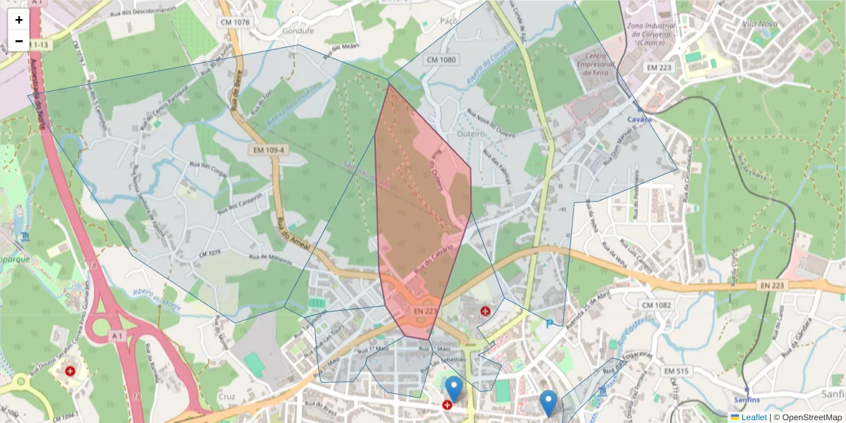 Mapa detalhado do código postal 4520-204 com limites, códigos postais vizinhos e agências dos correios