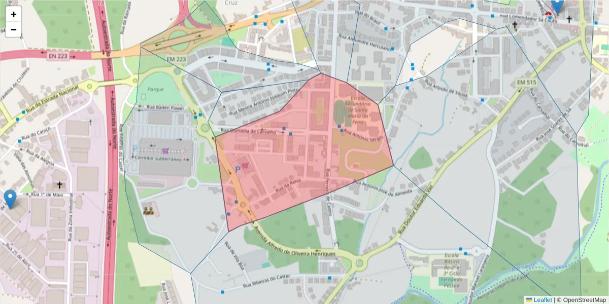 Mapa detalhado do código postal 4520-208 com limites, códigos postais vizinhos e agências dos correios