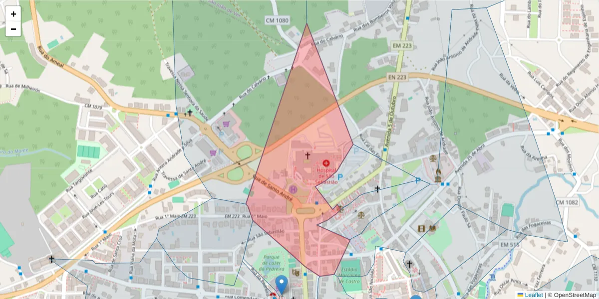 Mapa detalhado do código postal 4520-211 com limites, códigos postais vizinhos e agências dos correios