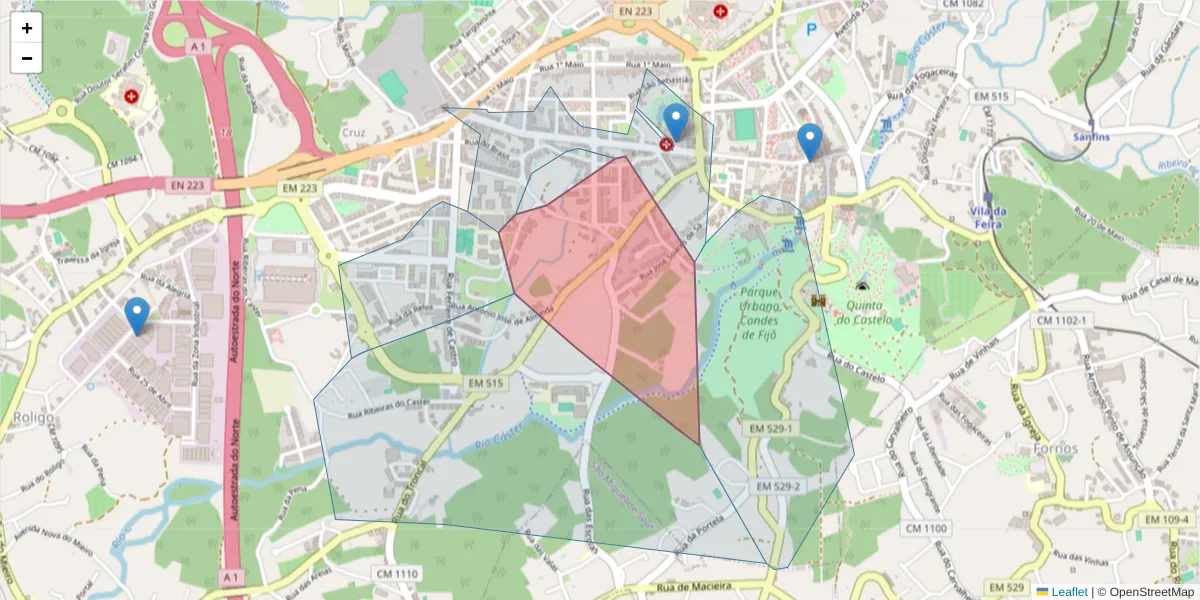 Mapa detalhado do código postal 4520-212 com limites, códigos postais vizinhos e agências dos correios
