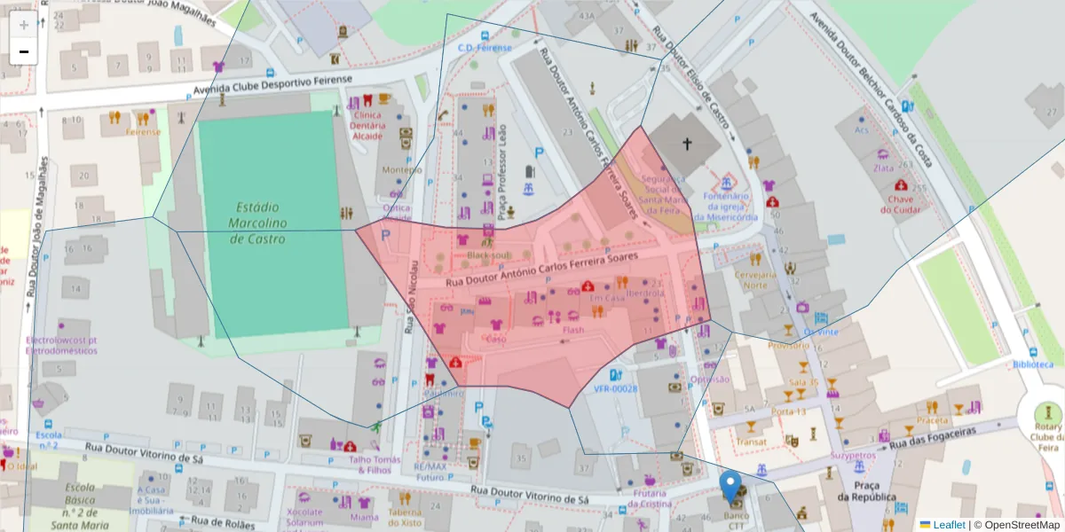 Mapa detalhado do código postal 4520-214 com limites, códigos postais vizinhos e agências dos correios