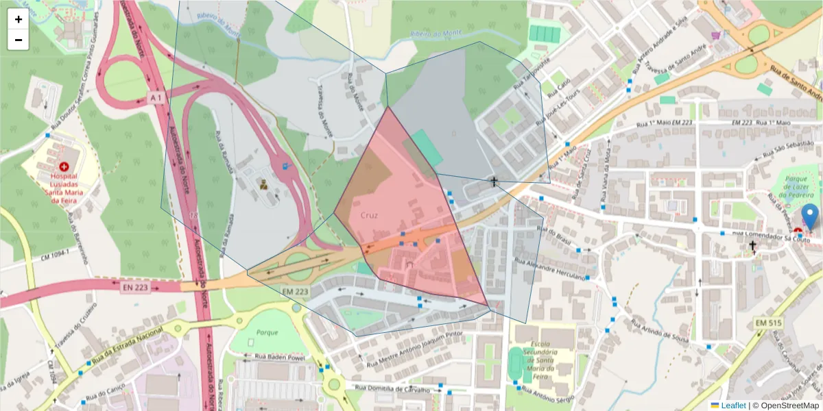 Mapa detalhado do código postal 4520-278 com limites, códigos postais vizinhos e agências dos correios