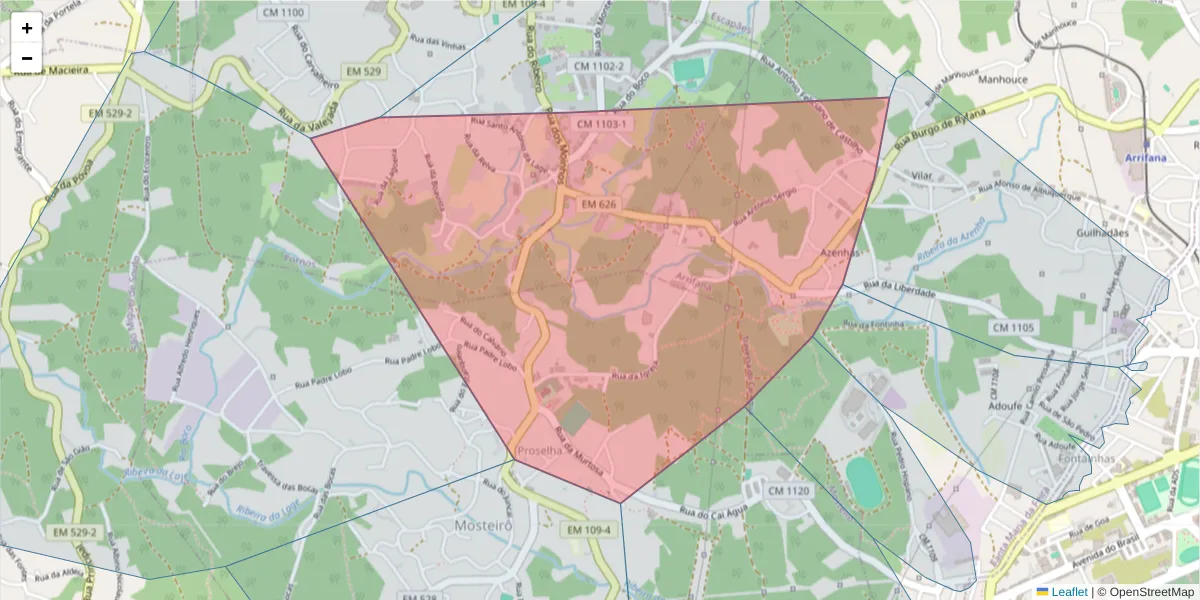 Mapa detalhado do código postal 4520-315 com limites, códigos postais vizinhos e agências dos correios