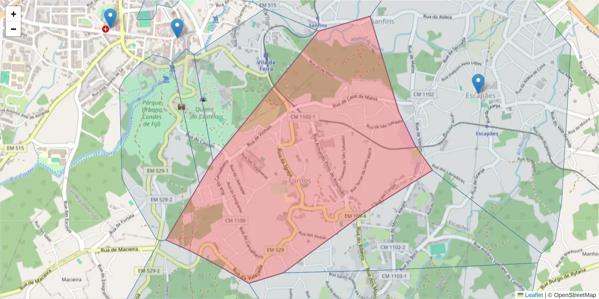 Mapa detalhado do código postal 4520-323 com limites, códigos postais vizinhos e agências dos correios