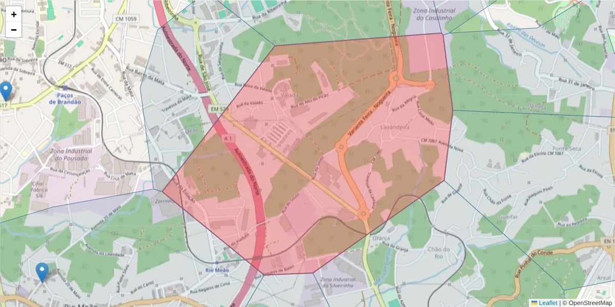 Mapa detalhado do código postal 4520-479 com limites, códigos postais vizinhos e agências dos correios