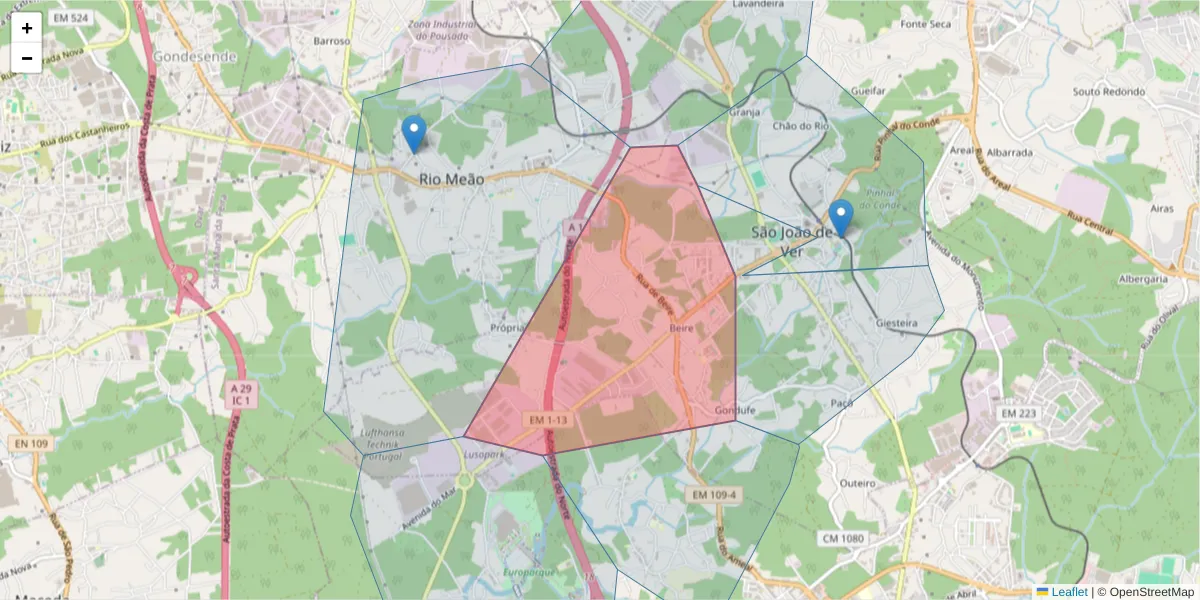 Mapa detalhado do código postal 4520-606 com limites, códigos postais vizinhos e agências dos correios