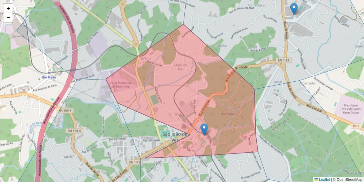 Mapa detalhado do código postal 4520-618 com limites, códigos postais vizinhos e agências dos correios