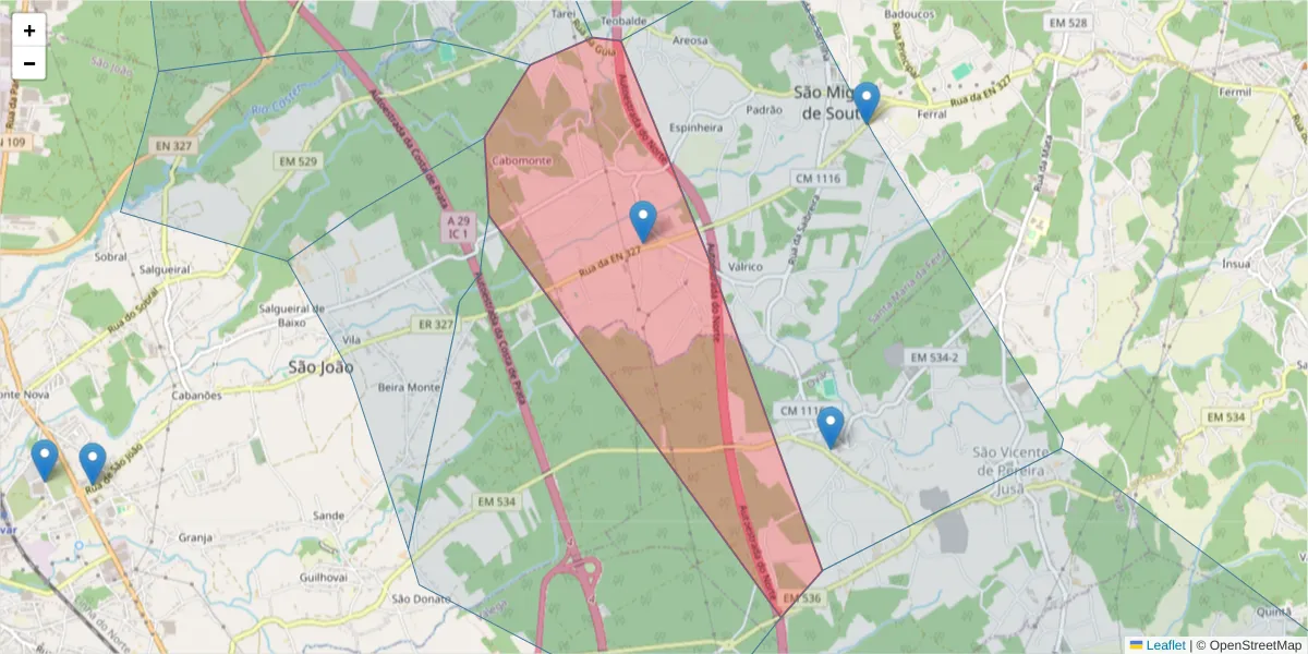Mapa detalhado do código postal 4520-704 com limites, códigos postais vizinhos e agências dos correios