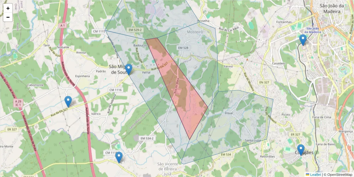 Mapa detalhado do código postal 4520-706 com limites, códigos postais vizinhos e agências dos correios