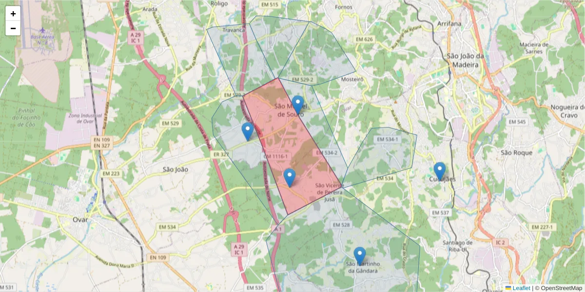 Mapa detalhado do código postal 4520-709 com limites, códigos postais vizinhos e agências dos correios