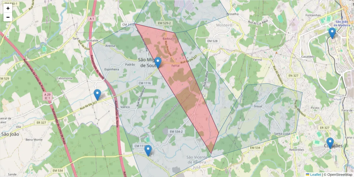 Mapa detalhado do código postal 4520-711 com limites, códigos postais vizinhos e agências dos correios