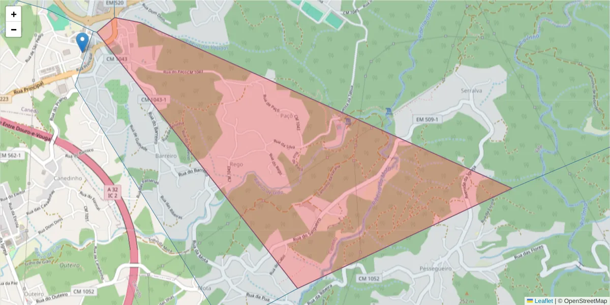 Mapa detalhado do código postal 4525-018 com limites, códigos postais vizinhos e agências dos correios