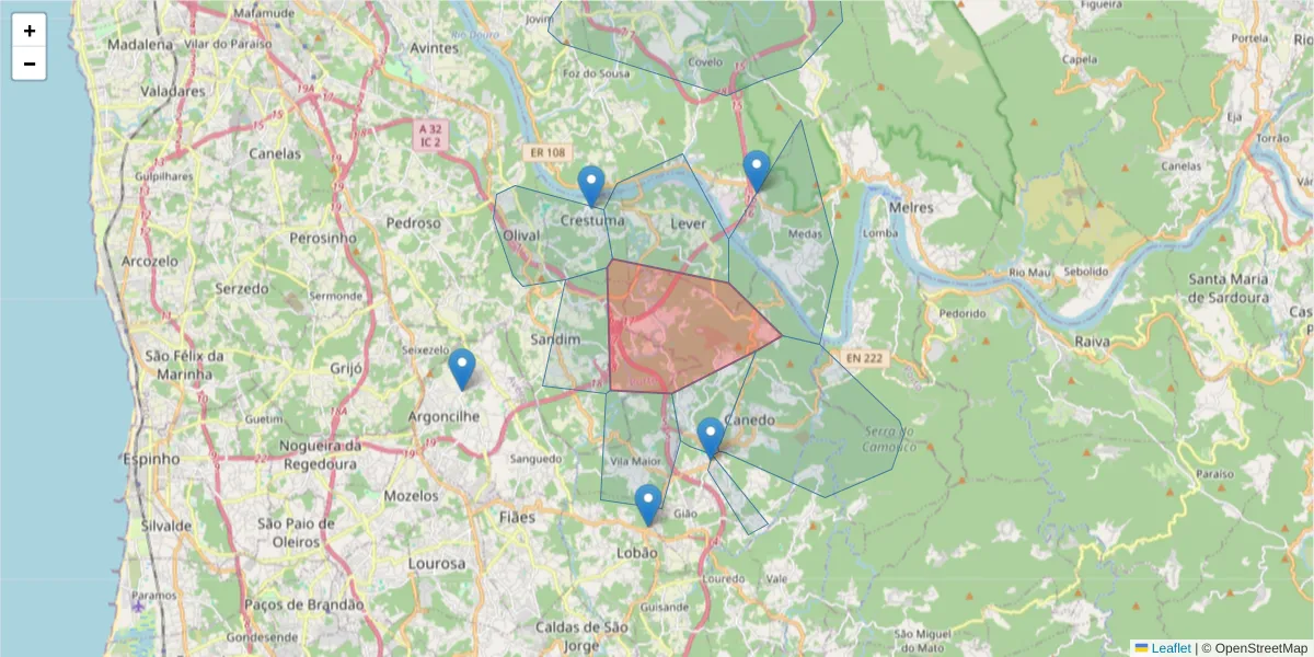 Mapa detalhado do código postal 4525-082 com limites, códigos postais vizinhos e agências dos correios