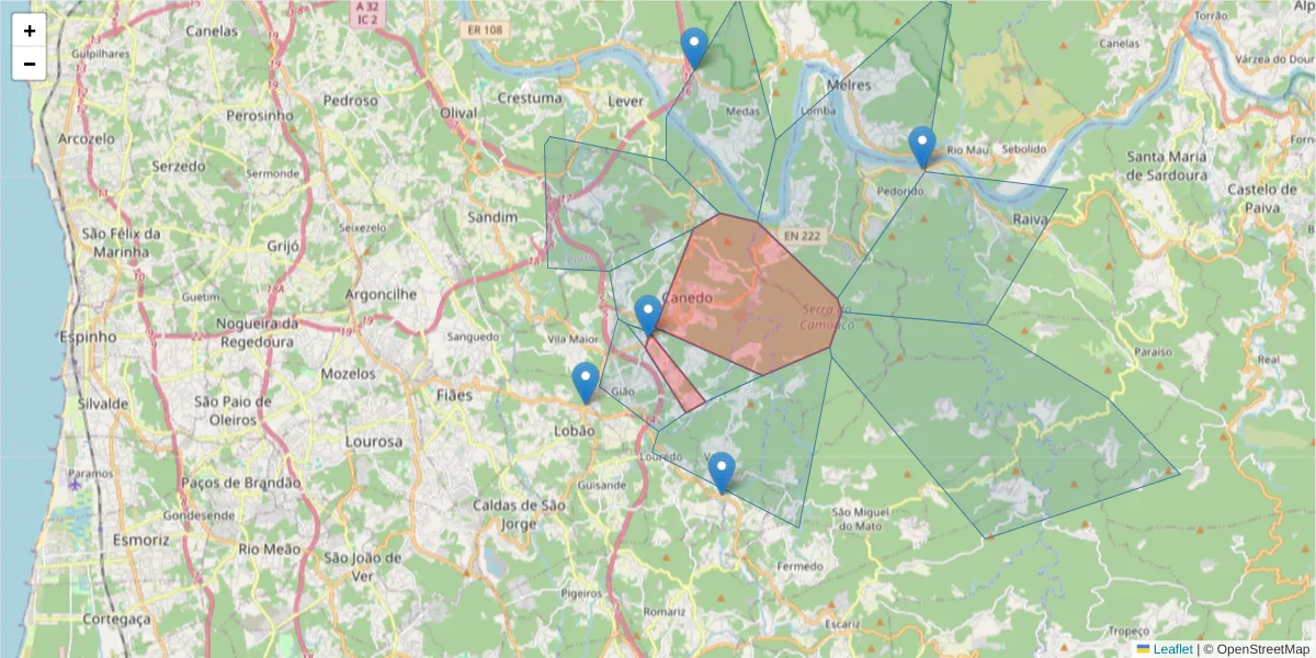 Mapa detalhado do código postal 4525-189 com limites, códigos postais vizinhos e agências dos correios