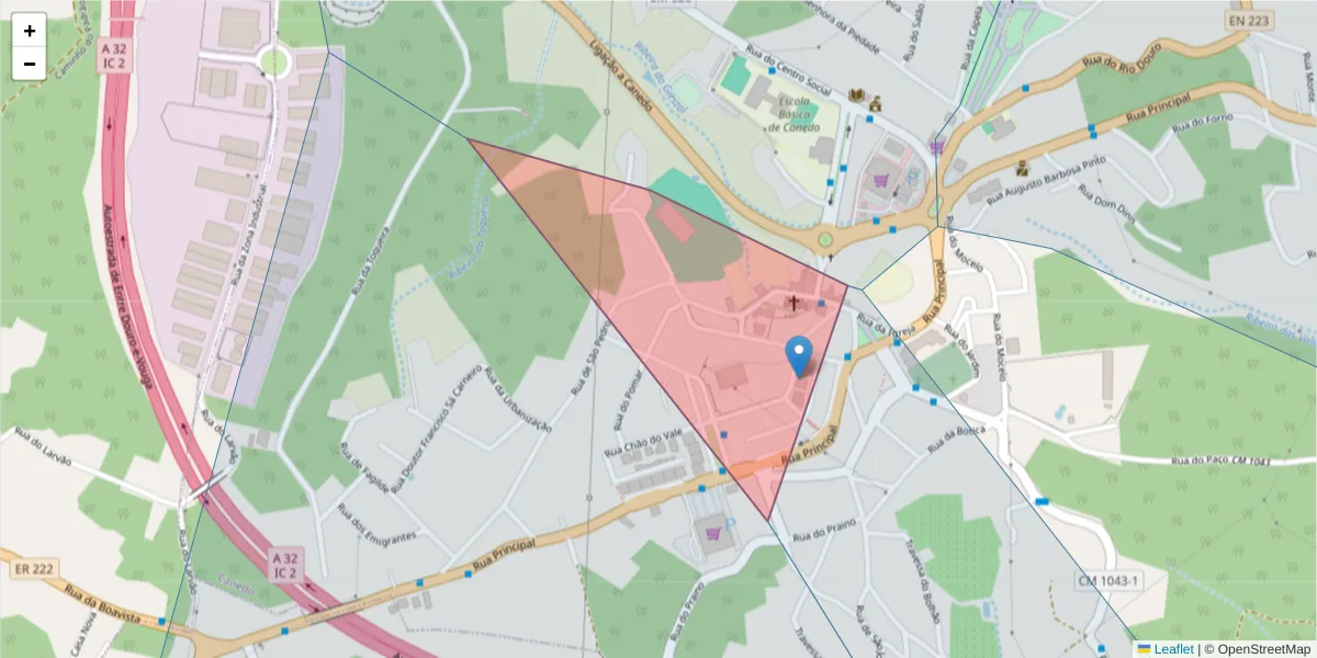 Mapa detalhado do código postal 4525-201 com limites, códigos postais vizinhos e agências dos correios