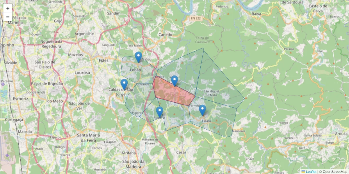 Mapa detalhado do código postal 4525-455 com limites, códigos postais vizinhos e agências dos correios