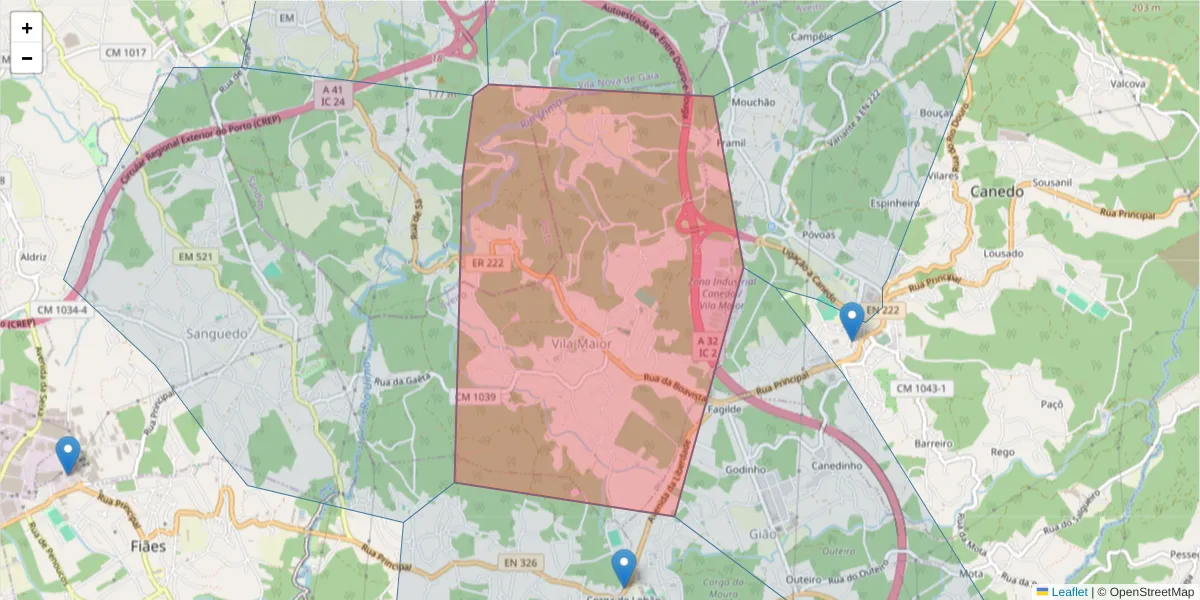 Mapa detalhado do código postal 4525-522 com limites, códigos postais vizinhos e agências dos correios