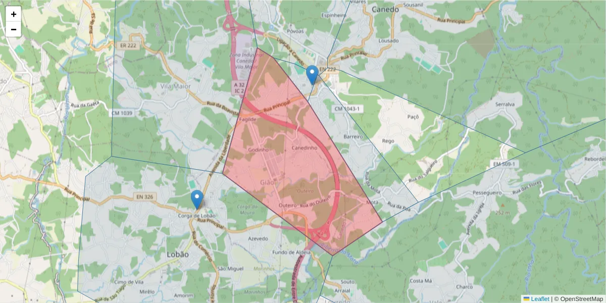 Mapa detalhado do código postal 4525 com limites, códigos postais vizinhos e agências dos correios