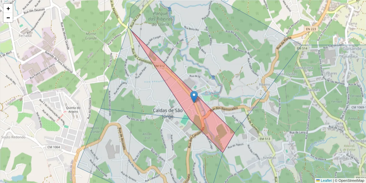 Mapa detalhado do código postal 4535-001 com limites, códigos postais vizinhos e agências dos correios