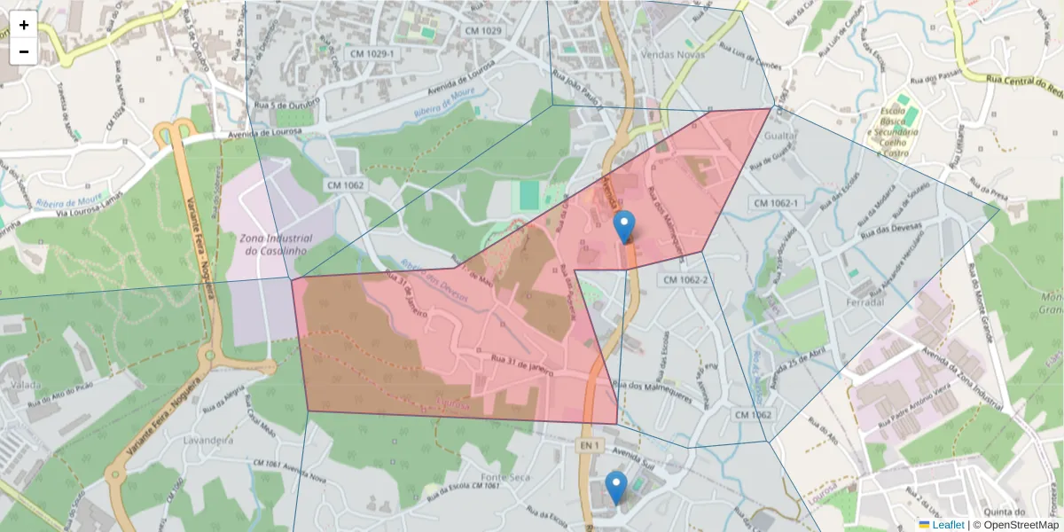 Mapa detalhado do código postal 4535-013 com limites, códigos postais vizinhos e agências dos correios