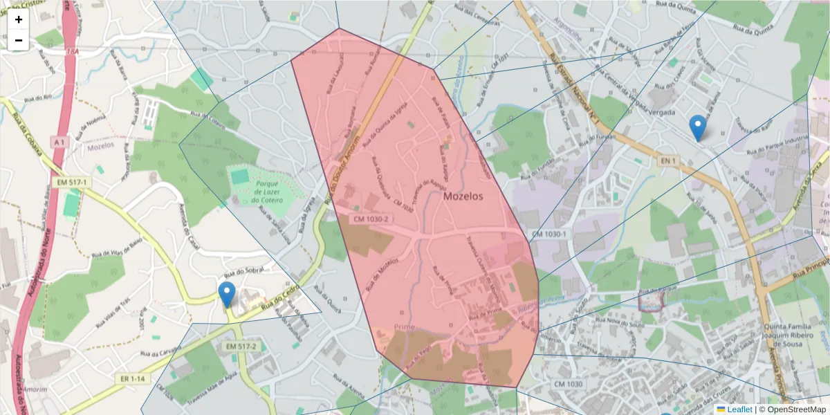 Mapa detalhado do código postal 4535-159 com limites, códigos postais vizinhos e agências dos correios