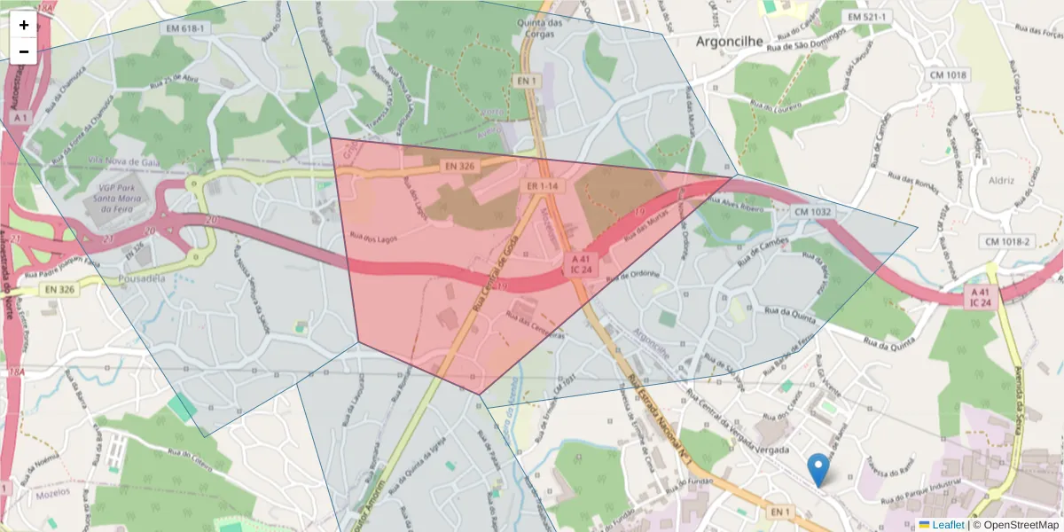 Mapa detalhado do código postal 4535-167 com limites, códigos postais vizinhos e agências dos correios